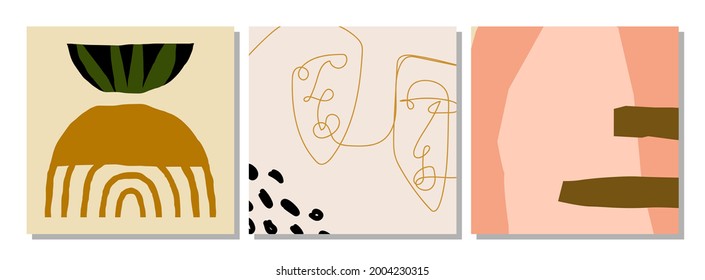 Set of social media post templates with abstract organic shapes composition in contemporary collage minimal style, vector illustration