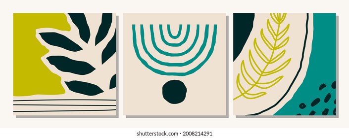 Conjunto de plantillas de publicaciones en redes sociales con composición de formas orgánicas abstractas en collage contemporáneo estilo mínimo, ilustración vectorial