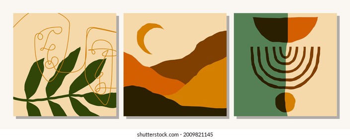 Conjunto de plantillas de publicaciones en redes sociales con composición de formas orgánicas abstractas en collage contemporáneo estilo mínimo, ilustración vectorial
