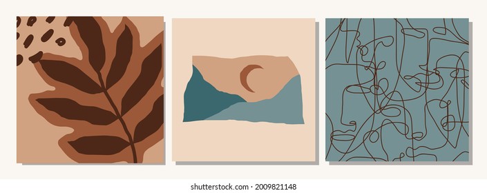 Set of social media post templates with abstract organic shapes composition in contemporary collage minimal style, vector illustration