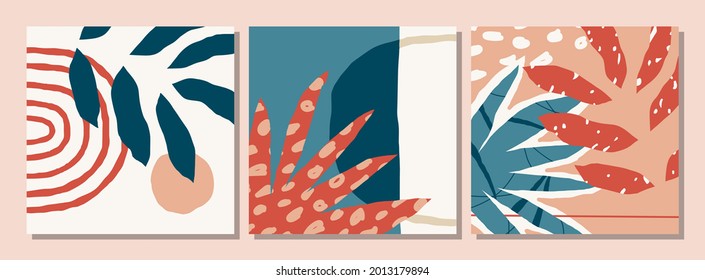 Conjunto de plantillas de publicaciones en redes sociales con composición de formas orgánicas abstractas en collage contemporáneo estilo mínimo, ilustración vectorial
