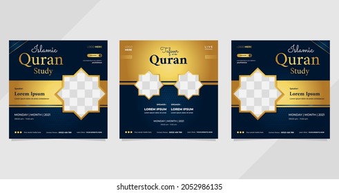 Set of social media post templates on luxury dark blue and gold background. Perfect for Islamic webinars, Quran studies, Muslim education, Religious events and other online seminars