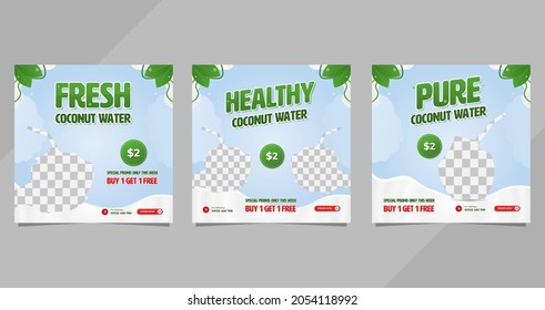 Set of social media post templates for fresh coconut water sale, on summer themed blue background