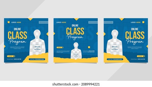 Set of social media post templates on minimalistic blue background. Suitable for Online class program and Online Education