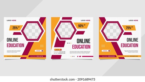 Set of social media post templates with geometric background and hexagon frame for Online Education