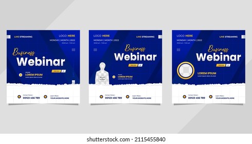 Set of social media post templates with blue geometric background, perfect for marketing webinar, business webinar and other online seminars