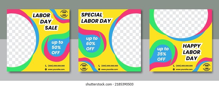 Set of social media post templates for labor day. suitable for sale, business, promotion, card, etc.