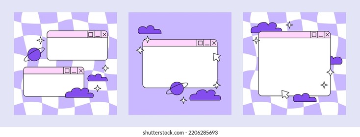 Set of social media post templates in retrowave aesthetic. Vector illustration with retro computer windows. Square backgrounds in y2k, 00s, 90s style