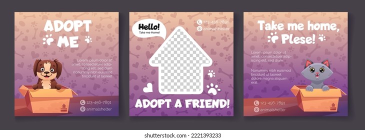 Set of Social media post templates with pet adoption promotion. Adopt me banner with cute dog, cat, space for photo and paw print patterns. Vector cartoon illustration for flyer design, web pages.