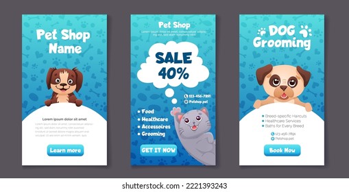 Conjunto de plantillas de publicación en redes sociales para tiendas de mascotas, elaboración de perros y promoción de ventas. Diseño moderno y acogedor con perros, patrones de huellas de gatos y de garras. Ilustración vectorial de caricaturas para volantes, páginas web.