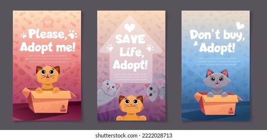 Set of Social media post templates with pet adoption promotion. Adopt me banner with cute cats in box, little kittens and paw print patterns. Vector cartoon illustration for flyer design, web pages.