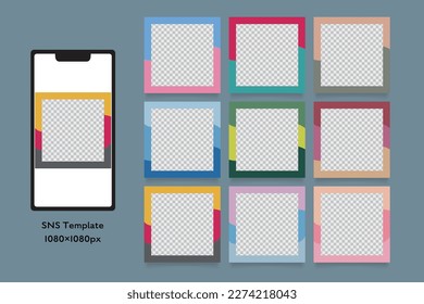 Conjunto de plantillas de publicaciones en medios sociales en varios colores. Ilustración vectorial aislada en un fondo gris.
