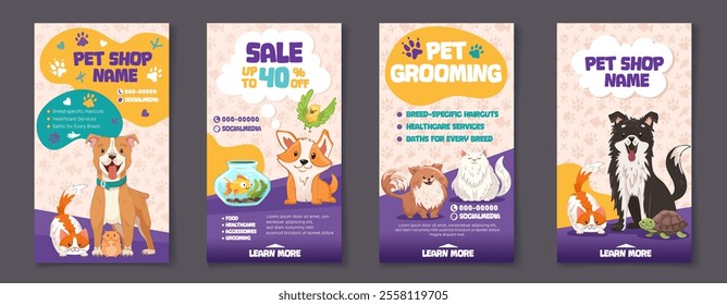 Set of Social media post templates for pet shop, dog grooming and sale promotion. Cute and modern design with dogs, cat, parrot, hamster and paw print patterns. Vector cartoon illustration for flyer.