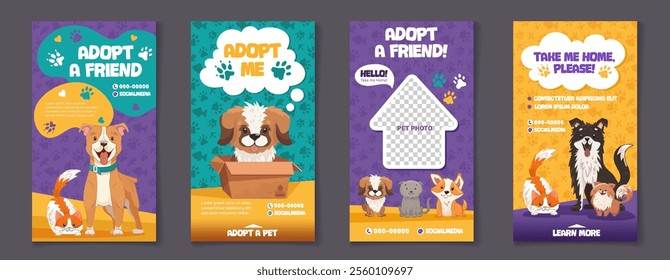 Set of Social media post templates with pet adoption promotion. Adopt me banner with cute cats in box, little kittens and paw print patterns. Vector cartoon illustration for flyer design, web pages.