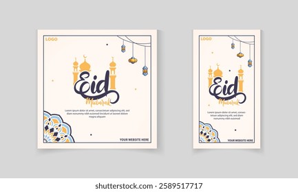 Set of social media post templates for Eid Mubarak with Islamic mandala, musjid, moon, Islamic lamp