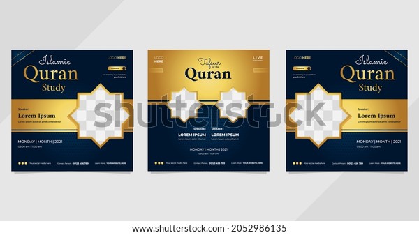 Set\
of social media post templates on luxury dark blue and gold\
background. Perfect for Islamic webinars, Quran studies, Muslim\
education, Religious events and other online\
seminars