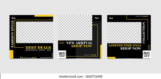 Set Social Media Post And Web Internet Ads Minimal Square Banner Template. Black And Yellow Background Color