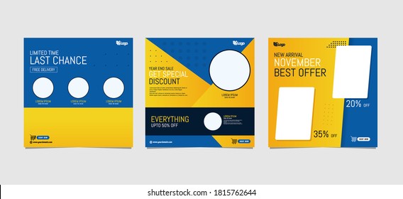 Set social media post and web internet ads minimal square banner template. Yellow and blue background color
