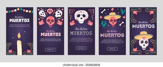 Set of social media posters or vertical cards with sugar skulls. Mexican national holiday Day of the dead. Festive templates for Dia de los muertos decorated with Calavera Catrina. Vector illustration