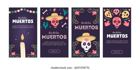 Set of social media posters or vertical cards with sugar skulls. Mexican national holiday Day of the dead. Festive templates for Dia de los muertos decorated with Calavera Catrina. Vector illustration