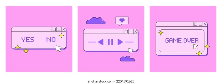 Set of social media posts with user interface in retrowave aesthetic. Vector illustration in y2k, 90s, 00s style. Trendy old computer windows with clouds and stars