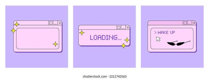 Set of social media posts with user interface in retrowave aesthetic. Vector illustration in y2k, 90s, 00s style. Trendy old computer windows with stars