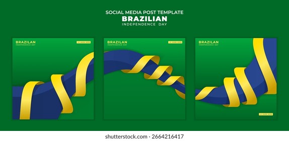 Set of social media posts with a yellow wavy ribbon wrapped around a 3D shape on a green background
