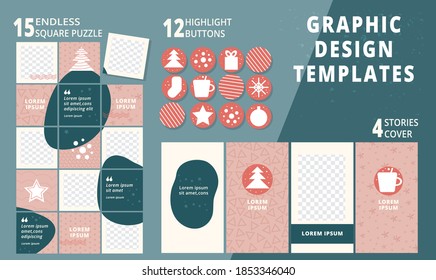 Set von Social-Media-Puzzle-Vorlage Weihnachten Design, Highlight-Buttons, Geschichten-Cover. Endloser quadratischer Winter, Adventpuzzle. Ig bearbeitbare Collage Post Rahmen. Abstrakte Hintergründe, Vektorgrafik