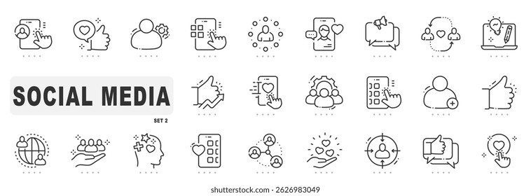 Set of social media related line icons. Like, post, chat etc. Editable stroke. Set 2