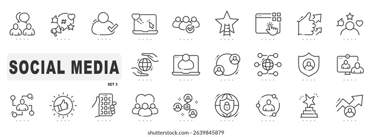 Set of social media related line icons. Like, post, chat etc. Editable stroke. Set 3