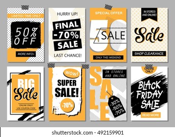 Set of social media sale website and mobile banner templates. Vector  banners, posters, flyers, email, newsletter, ads, promotional material. Typography discount card design.