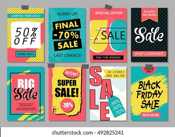 Set of social media sale website and mobile banner templates. Vector  banners, posters, flyers, email, newsletter, ads, promotional material. Typography discount card design.