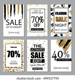 Set of social media sale website and mobile banner templates with golden texture. Vector banners, posters, flyers, email, newsletter, ads, promotional material. Typography discount card design.