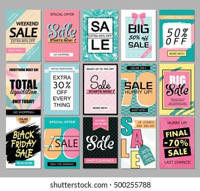 Set of social media sale website and mobile banner templates. Vector banners, posters, flyers, email, newsletter, ads, promotional material. Typography discount card design.