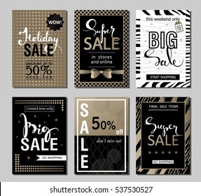 Set of social media sale website and mobile banner templates with golden texture. Vector banners posters flyers email newsletter ads promotional material. Typography discount card design