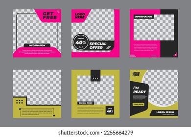 Set of Social media square frame templates. can used for advertising, social media post, feed, vector illustration with photo replace. pink and yellow color.