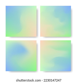 Set social media square post template of holographic papers in pale yellow, green and blue gradient Modern design of blank template for flyer, poster, brochure, business. Blurred gradient collection.