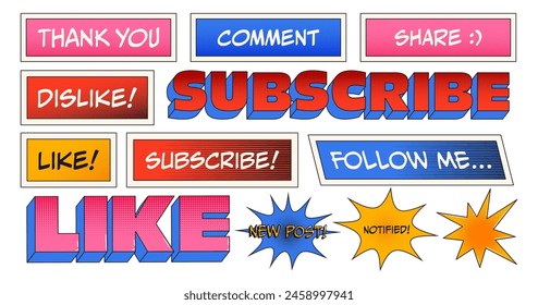 A set of social media stickers with a call to action. Subscribe, like, comment and more. Style of comics and manga.