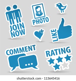 Set Social Media Stickers With Like, Speech Bubble, Heart, Like, Join And Bird Icon, Isolated Vector