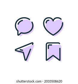 Set of Social Media Stickers Line Icon. Save, Share, Send, Like, Comment for Mobile Phone App Linear Pictogram. Message Buttons with Shadow Outline Icon. Editable Stroke. Isolated Vector Illustration.