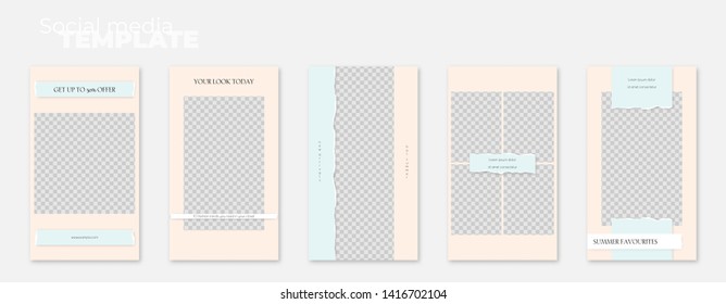 A set of social media stories layouts with ripped paper edge. Minimalistic vector editable illustration on transparent background. Insert photos and text, create your unique content.