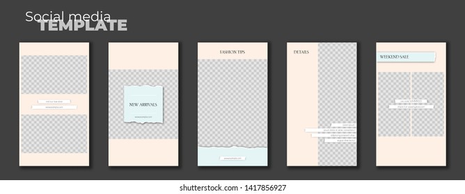 A set of social media stories layouts with ripped paper edge. Minimalistic vector editable illustration on transparent background. Insert your photos and text, create your unique сontent.