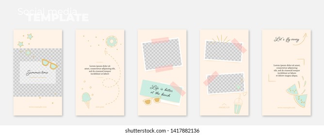 A set of social media stories layouts with hand drawn doodles: summer, sun, beach, ice cream, sea. Vector editable illustration. Insert photos and text, create your unique content