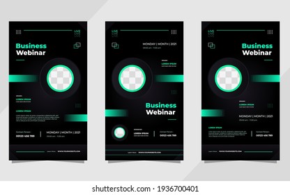 Set of  social media stories post template for business webinar, digital marketing, conference event etc. With black and green modern background