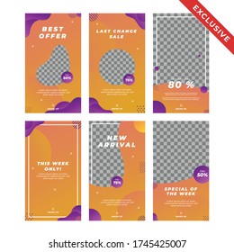 Set of Social media stories in potrait, editable design template, orange and purple abstract trendy liquid modern background