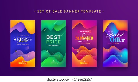 Set of social media stories sale banner design for spring, summer sale banner, and more. Trendy 3D design sales banners for your ads or stories on social media. Banner with gradient color composision.