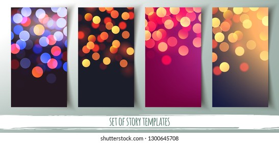 Set of social media stories template, unfocused colored bokeh background, vector illustration