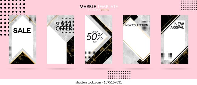 set of social media stories template pack with luxury trendy marble texture, can use for sale banner, photo, mobile app, website, landing page, fashion ads, promotion background. - Vector