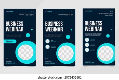 Set of social media stories template for Business Webinar, Marketing Webinar, and other seminars with navy blue background and circle frame