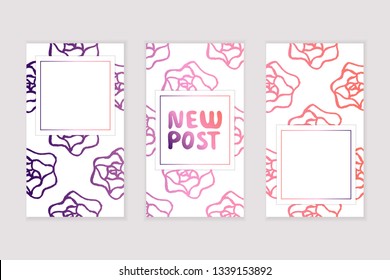 Set of social media stories templates. Floral gradient background. New post